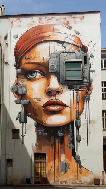 Un gran mural de una mujer con cabeza de cyborg ai