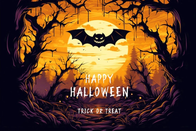 Un gran murciélago negro en un bosque misterioso Feliz Halloween