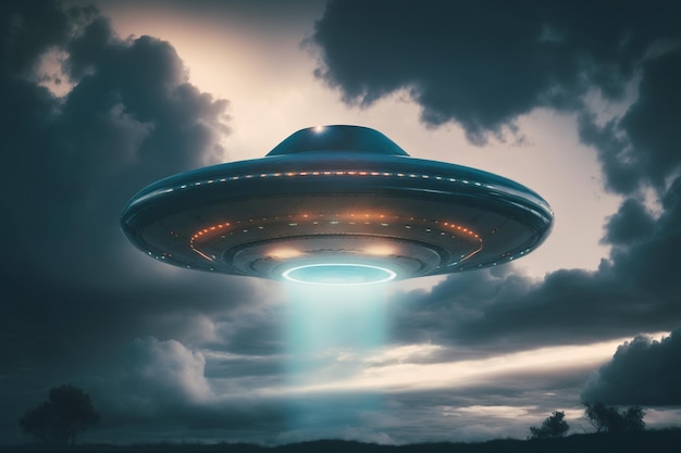 Una gran nave alienígena que vuela a través de un cielo nublado IA generativa