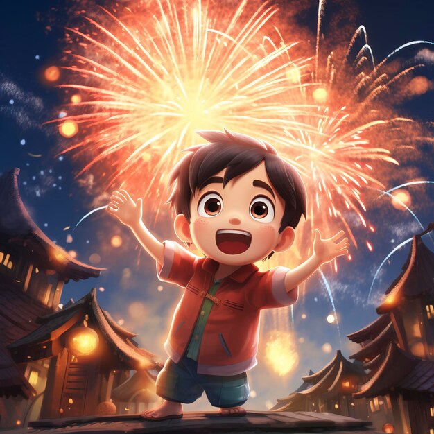 El gran niño chino lleno de fuegos artificiales hizo estallar fuegos artificiales en el cielo nocturno y el colorido