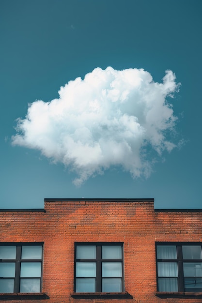 Foto gran nube blanca sobre un edificio de ladrillo con tres ventanas