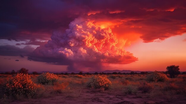 Una gran nube con un cielo rojo de fondo