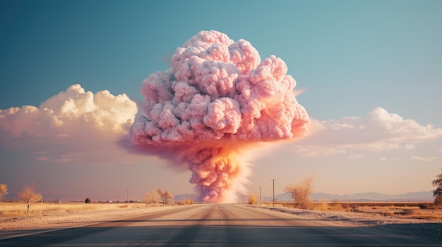 una gran nube de humo rosa en una carretera