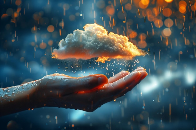 Foto una gran nube lloviendo sobre una mano