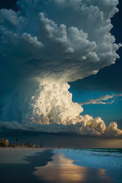 Gran nube sobre una playa al lado del océano generativo ai