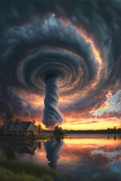 Gran nube de tornado está en el cielo sobre un lago generativo ai