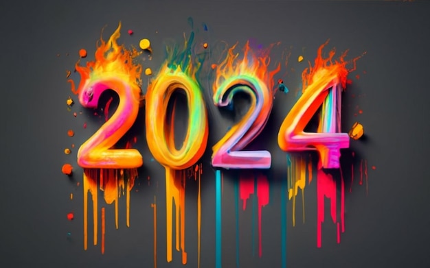 Gran número 2024 con colores del arco iris y efecto de fuego Concepto de año nuevo 2024