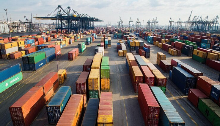 un gran número de contenedores de envío están en un muelle