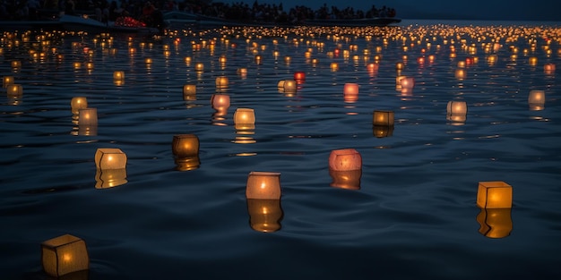 Un gran número de linternas flotando en el agua.