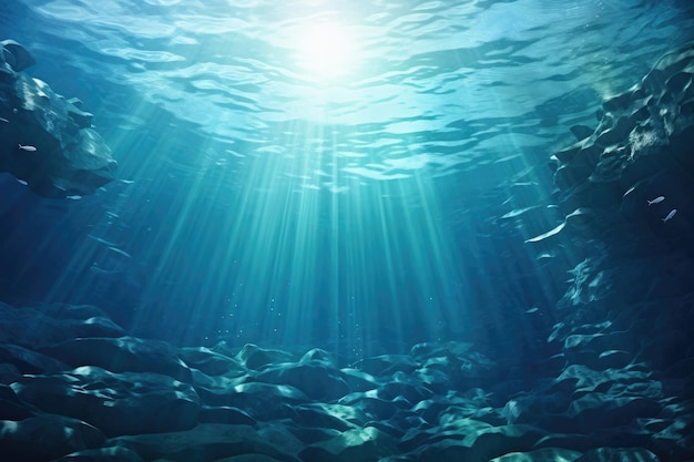 Un gran número de peces nadan juntos en una hipnotizante exhibición de movimiento y unidad bajo el agua azul clara bajo el mar profundo abismo de agua con la luz azul del sol AI Generado