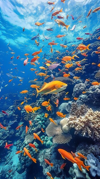 Foto un gran número de peces tropicales y tiburones nodriza en aguas profundas escuela de peces y tiburón en el océano azul de las maldivas