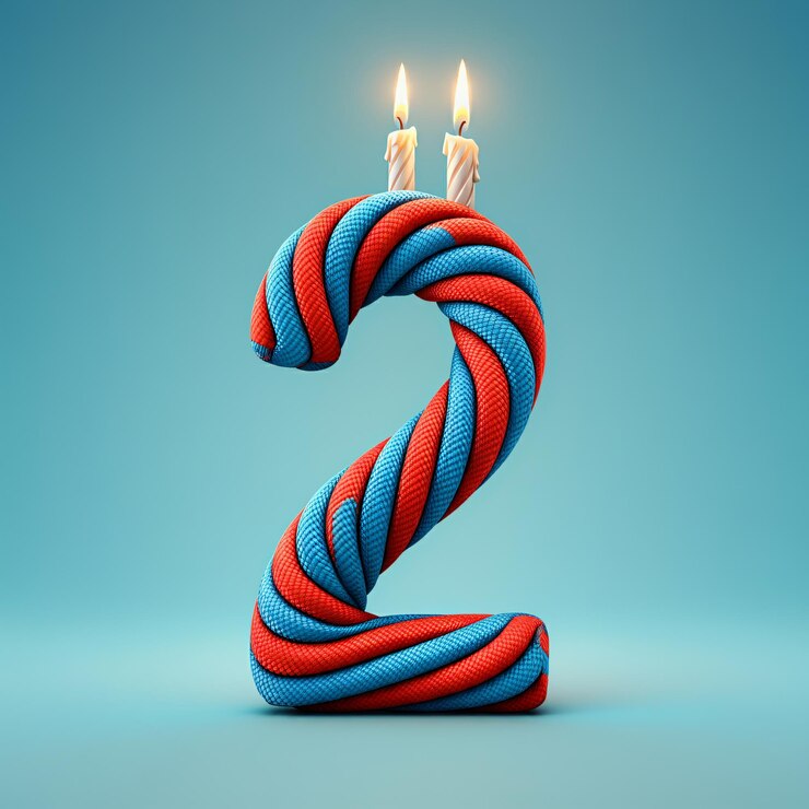 Un gran número rojo y azul retorcido 2 con dos velas a rayas encendidas en la parte superior contra un azul claro
