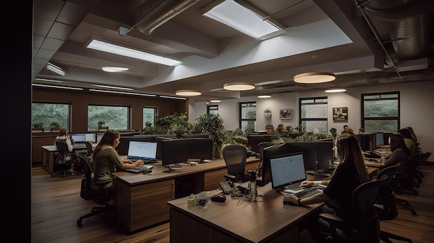 Una gran oficina abierta con un hombre trabajando en una computadora.