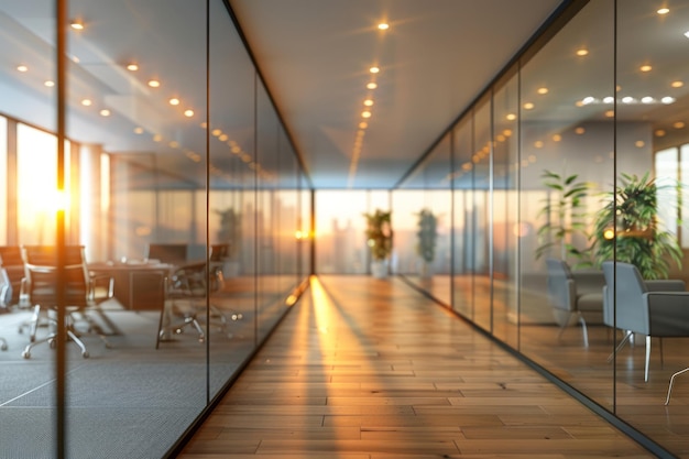 Una gran oficina vacía con un sol que brilla a través de las ventanas espacio moderno está hecho de vidrio y