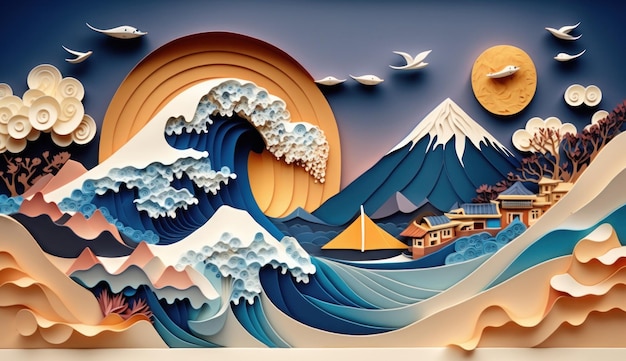 Gran ola de Japón con salida del sol detrás de la ilustración de quilling de papel de montaña backgdound Generado por IA