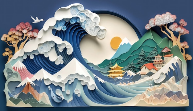 Gran ola de Japón con salida del sol detrás de la ilustración de quilling de papel de montaña backgdound Generado por IA