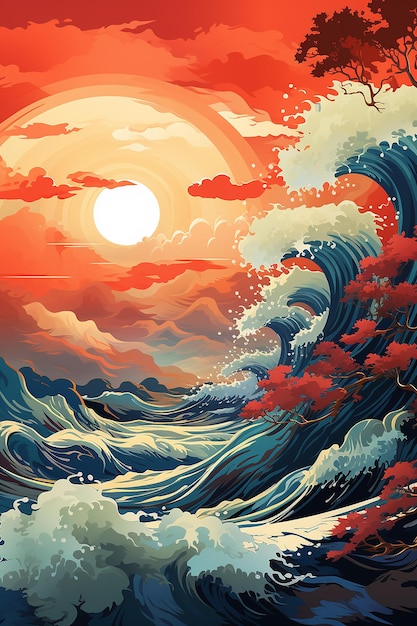 gran ola oceánica con cartel de sol en ilustración de estilo japonés