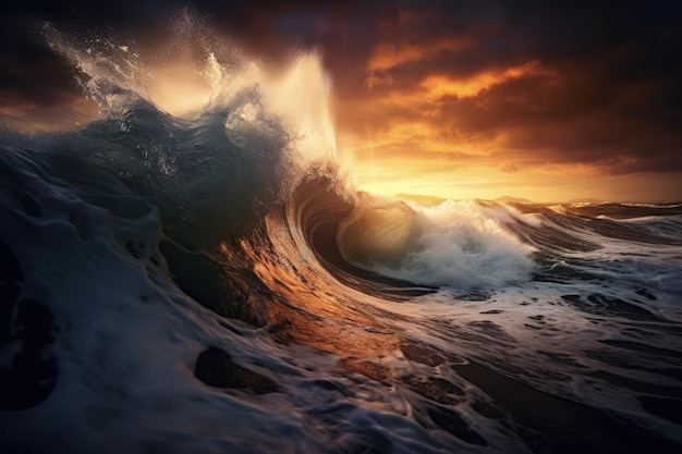 Una gran ola en el océano con una puesta de sol en el fondo