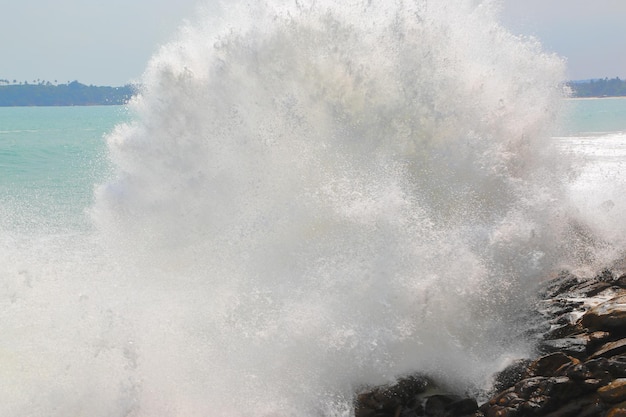 Gran ola rompiendo en las rocas