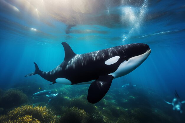 una gran orca nadando bajo el agua