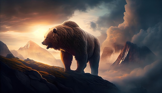 Gran oso feroz en la cima de una montaña al atardecer Generar Ai
