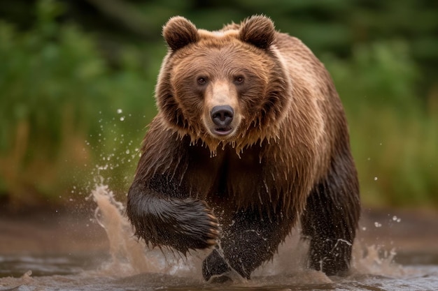 Foto gran oso marrón corriendo por aguas poco profundas en busca de peces foto de alta calidad