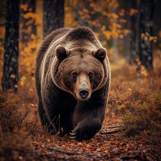 Foto un gran oso marrón paseando por un bosque de otoño