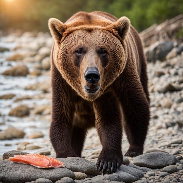 Gran oso marrón con peces rojos en la orilla del río oso en la naturaleza