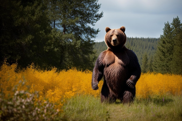 Un gran oso pardo caminando por un campo verde y exuberante