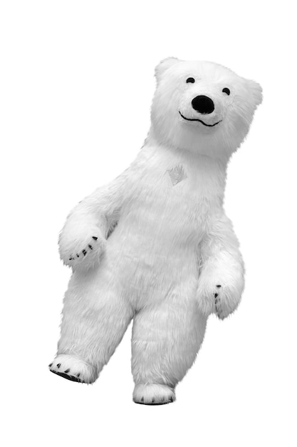 Gran oso polar blanco aislado sobre fondo blanco. Marioneta de tamaño natural hecha de piel.