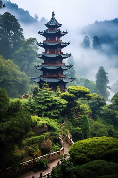 Una gran pagoda china en medio de exuberantes pinos envuelta en la etérea niebla de la montaña