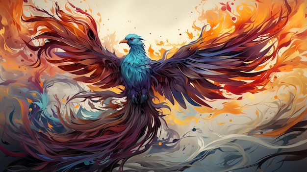 Gran pájaro fénix larga y ardiente cola colorido arco iris Generar IA