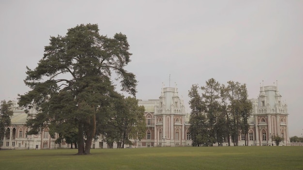 Foto el gran palacio en el parque tsaritsyno en moscú con acción de césped verde increíble parque verde y el