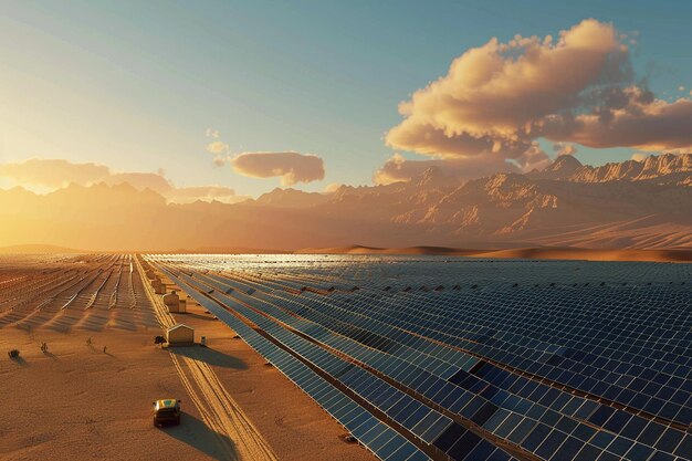 Foto un gran panel solar está en un desierto con montañas en el fondo