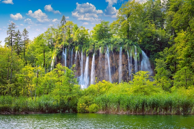 Gran panorama de cascadas en el Parque Nacional de los Lagos de Plitvice Croacia Europa Majestuosa vista con agua turquesa del lago y cascadas atracciones turísticas