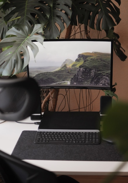 Gran pantalla curvada con portátil. Lugar de trabajo elegante y moderno en casa con plantas caseras.