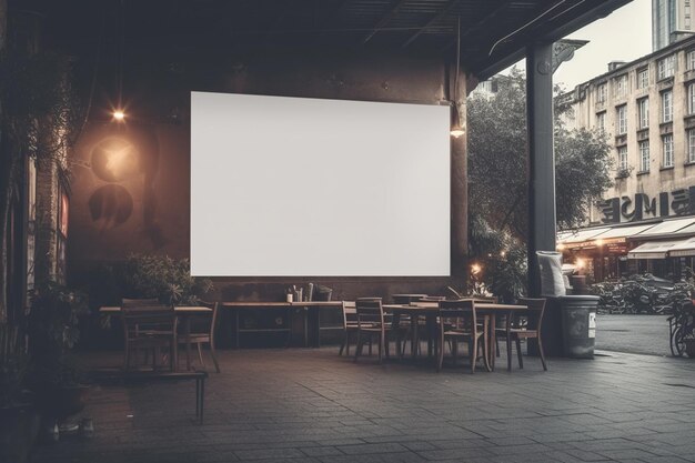 Una gran pantalla exterior en un restaurante con una pantalla blanca en blanco.