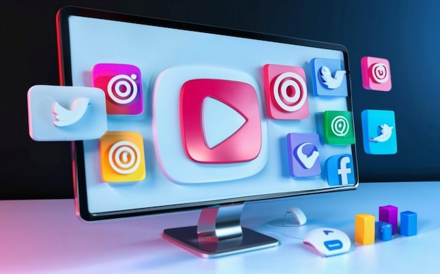 Gran pantalla de monitoreo con varios iconos de redes sociales mostrados en ella