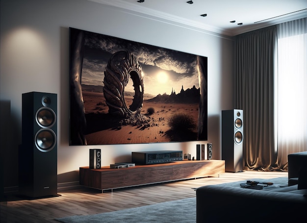 Gran pantalla de TV en la pared de la sala de estar moderna con AI generativo interior de lujo