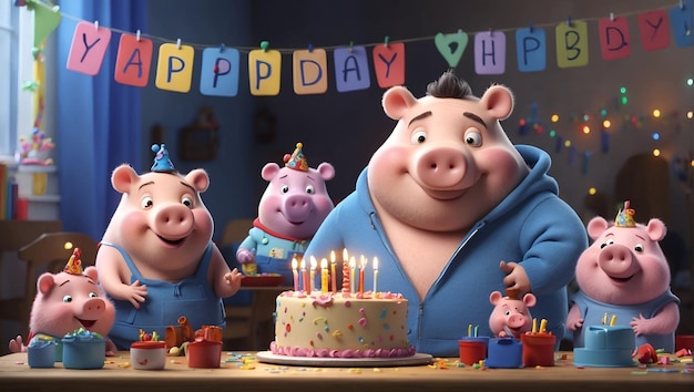El gran papá cerdo con una sudadera azul está celebrando su cumpleaños con su familia de cerdos de cinco hay un Birt