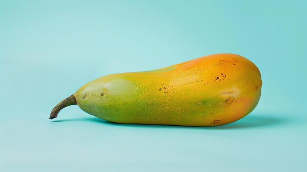 Foto una gran papaya madura aislada sobre un fondo azul la papaya es amarilla y verde con una piel lisa ligeramente arrugada