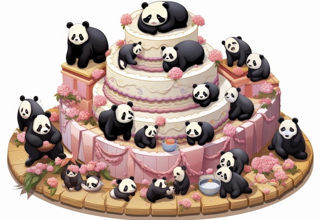 Un gran pastel decorado con osos panda.