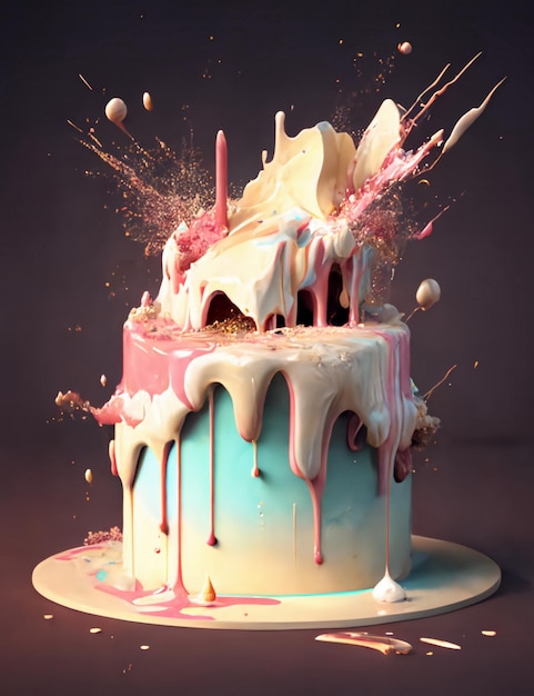Un gran pastel explota sobre un fondo oscuro