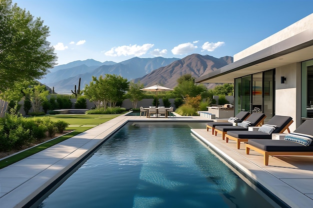 Gran patio trasero con piscina y vegetación