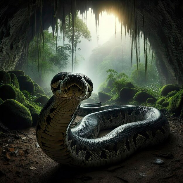 Foto gran peligrosa anaconda verde pitón serpiente gran boca abierta dientes veneno veneno antigua amazona africana