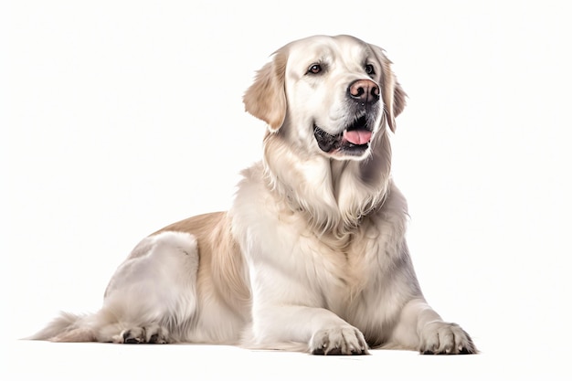 Un gran perro blanco peludo acostado sobre un fondo blanco