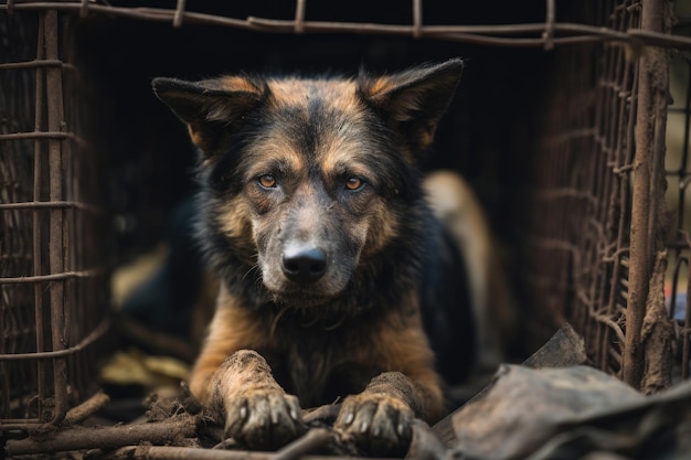 Un gran perro callejero está sentado en una jaula Atrapando animales callejeros Crueldad animal