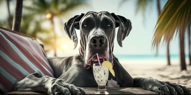 Gran perro danés está de vacaciones de verano en un balneario y descansando en la playa de verano de Hawai