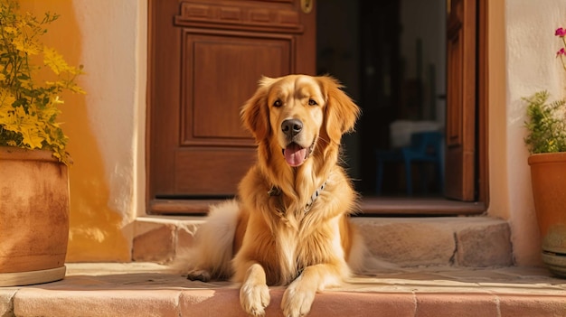 gran perro golden retriever sentado frente a la puerta esperando a su dueño muy leal generar IA