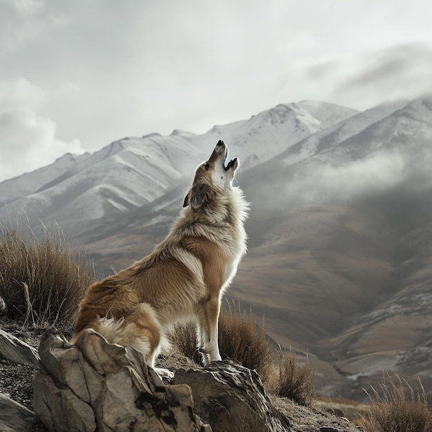 Foto un gran perro ladrando en la fotografía de las montañas